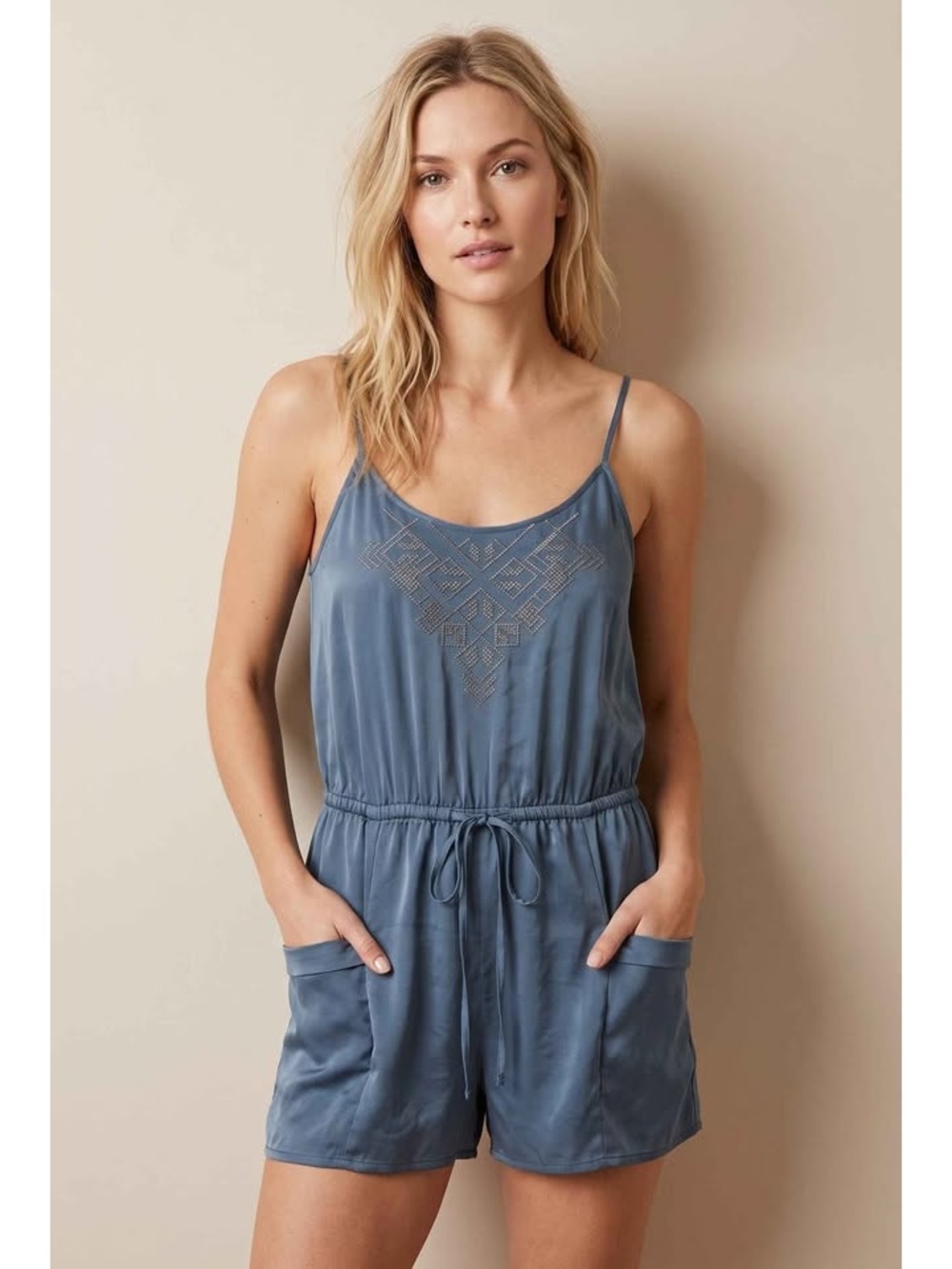 Ecoté (Urban Outfitters) Slate Blue Embroidered Boho Romper, Small